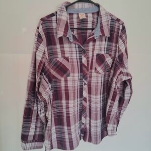 +3🔵Faded Glory Women's Plaid Button Down Shirt - Purple Burgundy and White